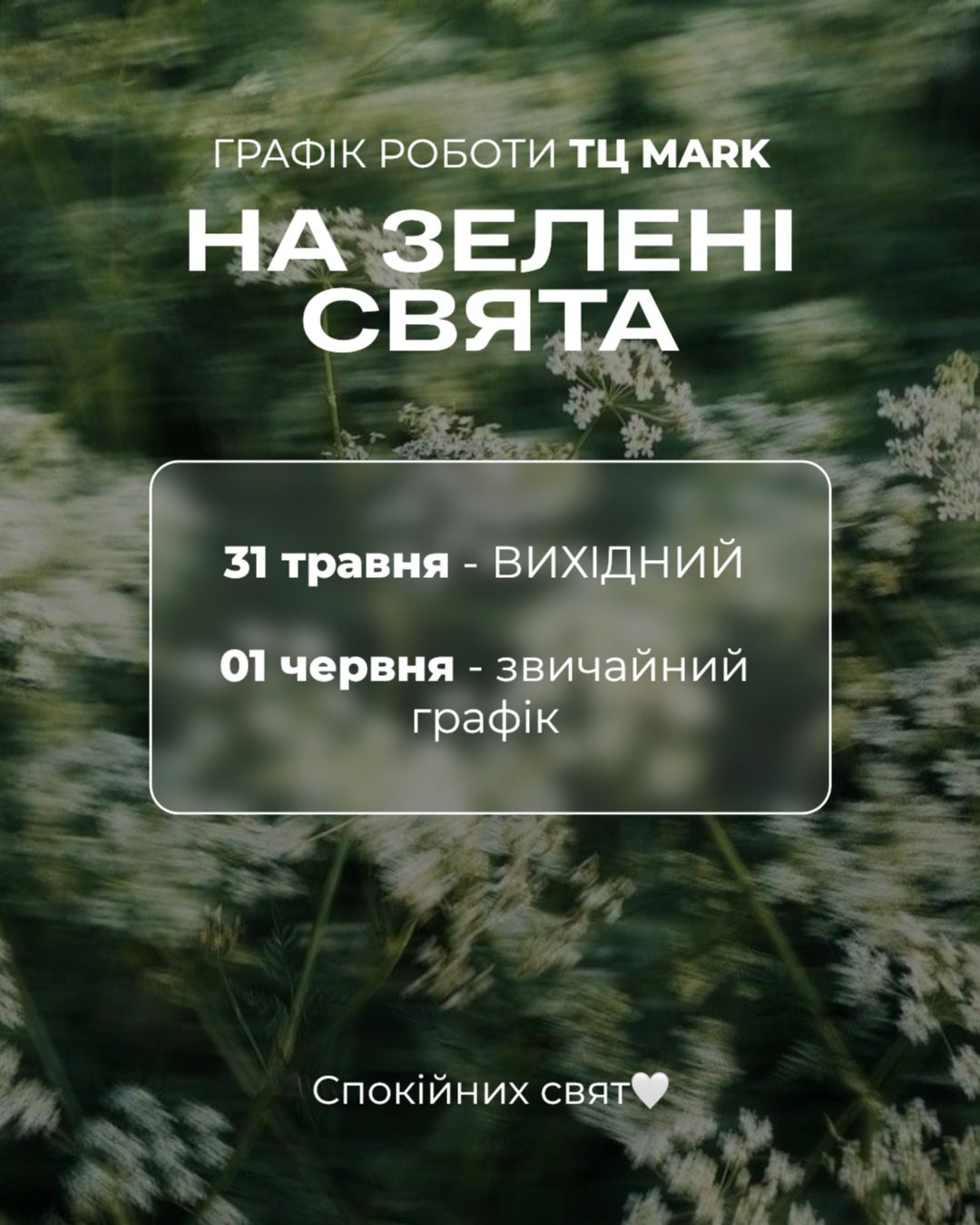 Графік роботи ТЦ на Зелені свята Графік роботи ТЦ на Зелені свята